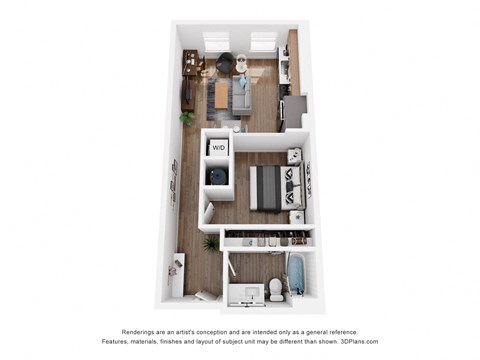 Floor plan for studio, 1 bath, 621 sqft
